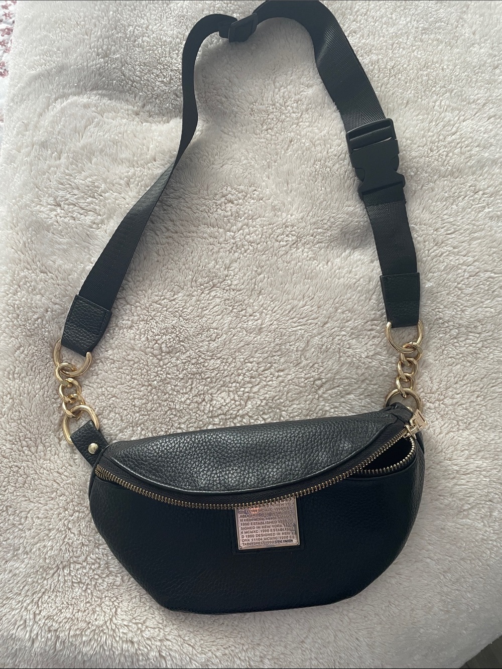 Steve Madden Black Crossbody Belt Bag with Gold Hardware